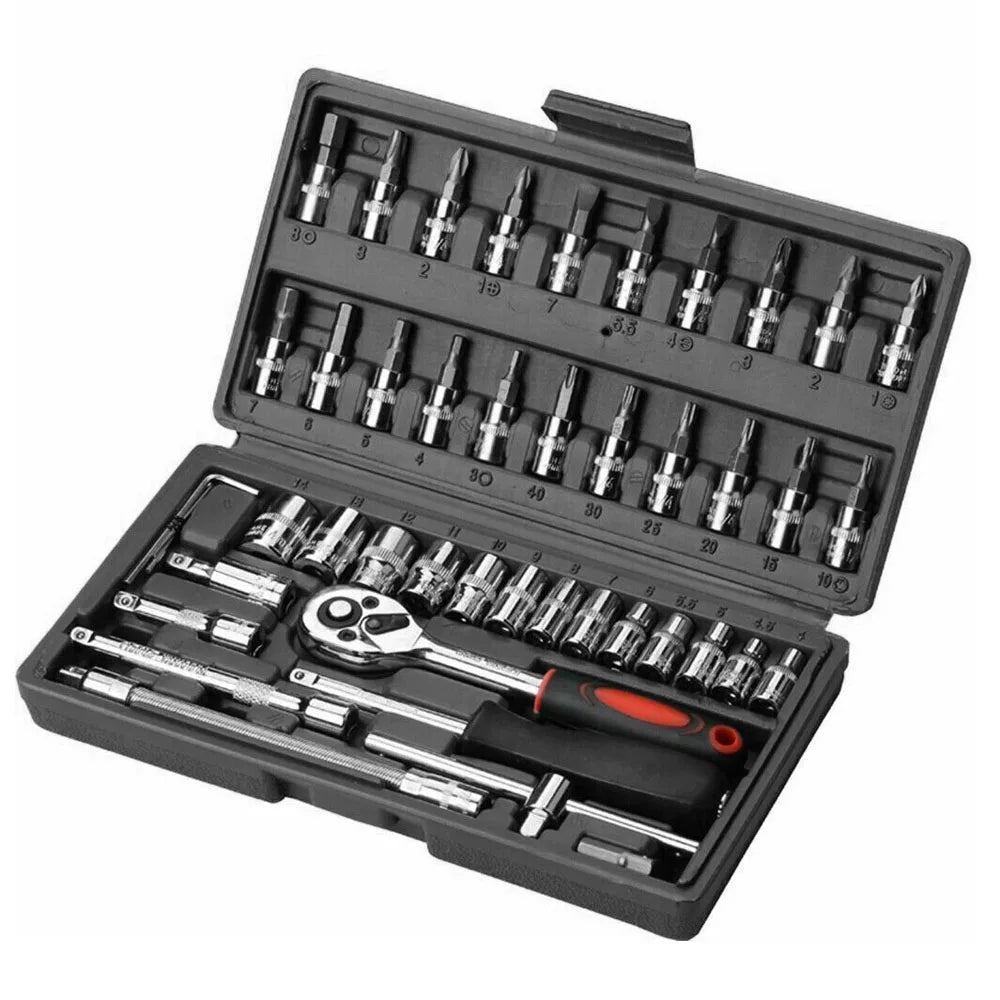 46PCS Socket Set Metric Wrench 1/4" Drive  Ratchet Bit