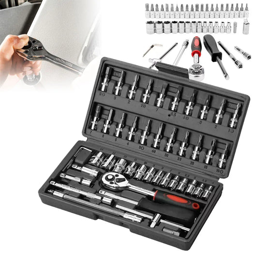 46PCS Socket Set Metric Wrench 1/4" Drive  Ratchet Bit