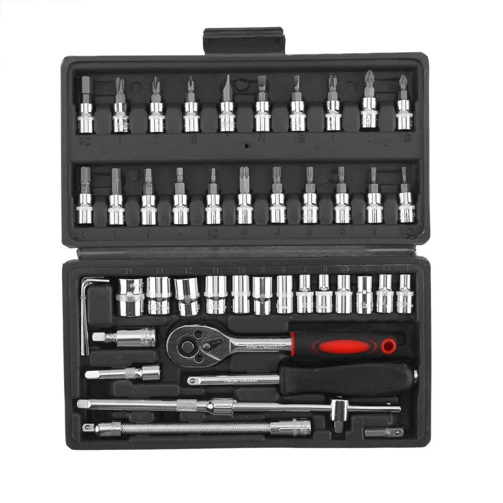 46PCS Socket Set Metric Wrench 1/4" Drive  Ratchet Bit